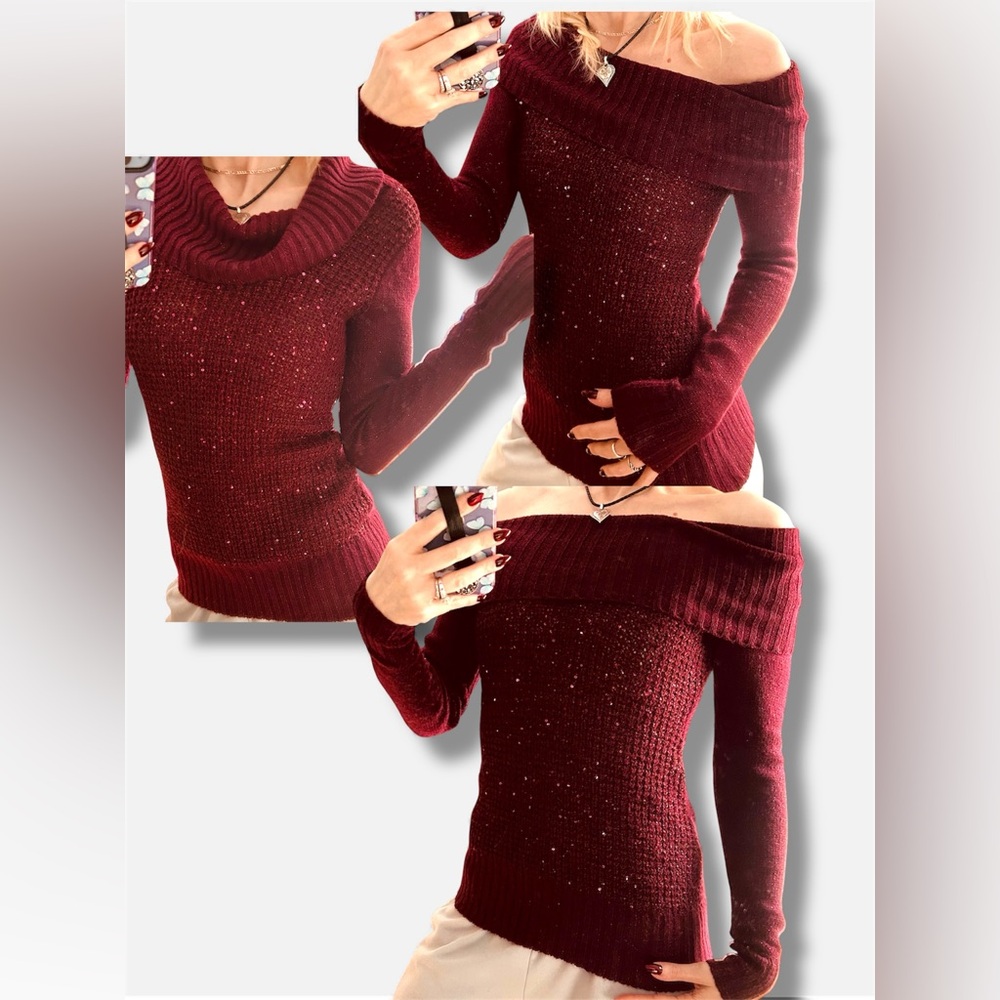 Vintage Y2k cranberry red sequin holiday off shoulder sweater BCX
